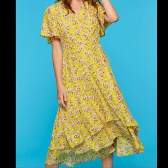 ROBERTA ROLLER RABBIT PINK FLORAL RUFFLE HEM WRAP FLUTTER SLEEVE MIDI DRESS S - Picture 1 of 7